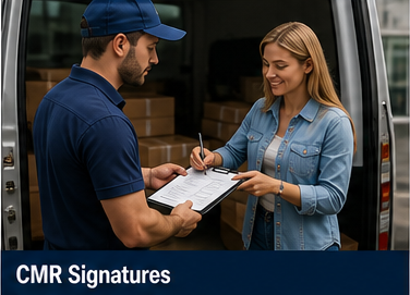 Receiver signing transport document as proof of delivery after shipment arrival