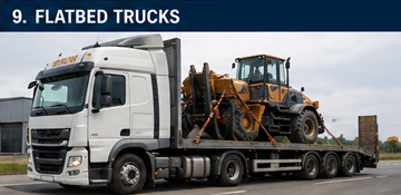 Flatbed truck transporting construction materials and oversized cargo